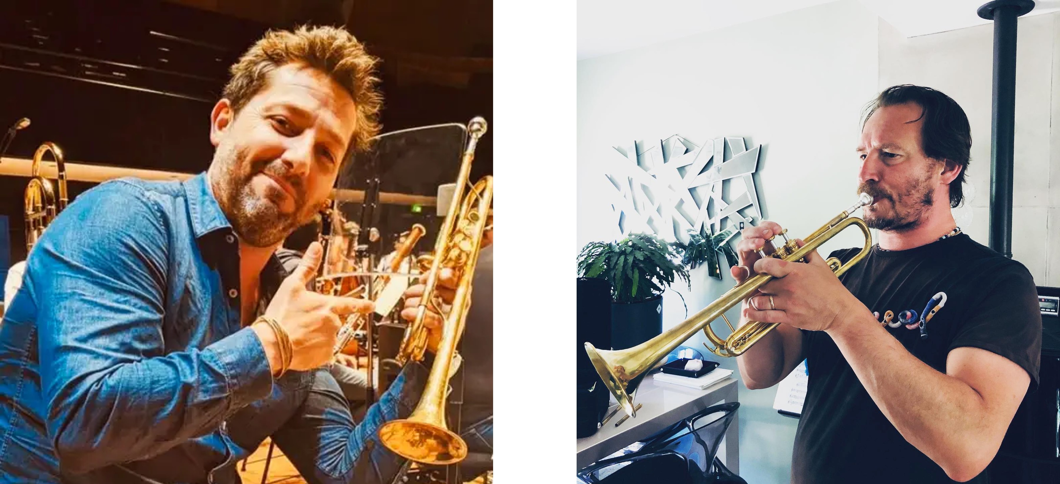 写真左：ジェローム・プーレ（ペイ・ド・ラ・ロワール国立管弦楽団首席奏者）とトランペット“アルフレッド”。ストラヴィンスキーとプロコフィエフ（プルチネッラ、火の鳥を含む）のプログラムで使用され、Radio Classique にて放送された演奏でも、その音色が紹介された。プーレ氏は、フランスのレパートリーに即した音色と操作性について高く評価している。 写真右：ファビアン・ボリック（ブルターニュ国立管弦楽団首席奏者）とトランペット“アルフレッド”。中規模編成のオーケストラにおいて、自然な響きとバランスが評価され、実際の演奏現場で使用されている。