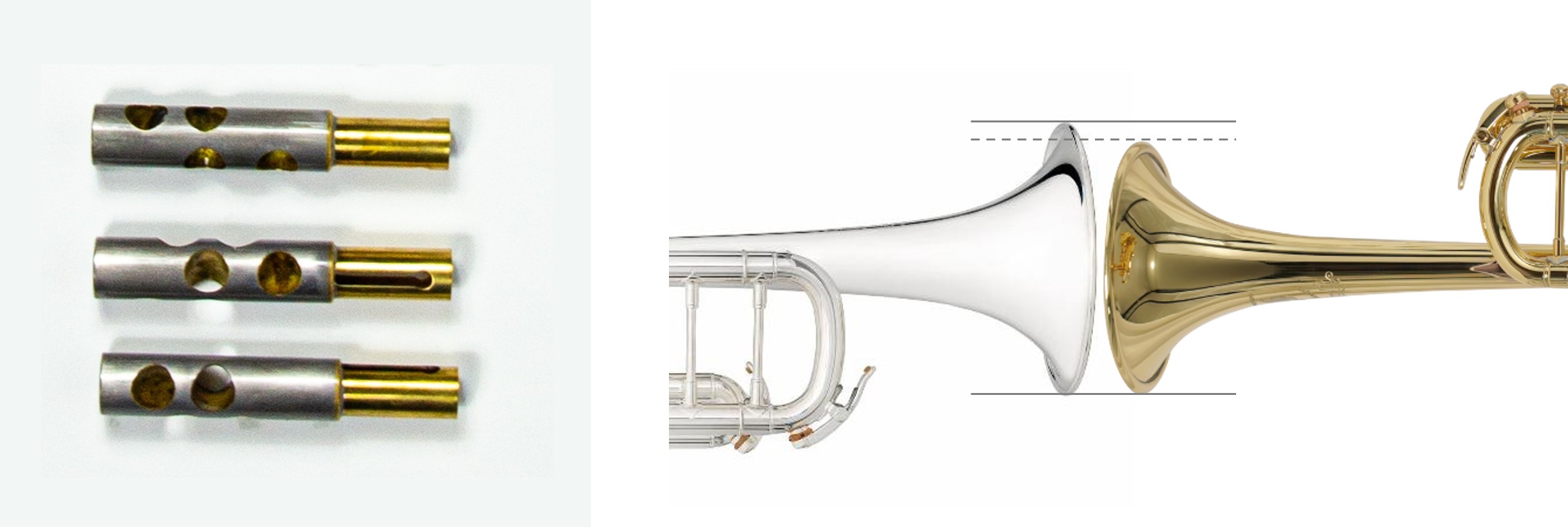 フレンチトランペットのボアとベル 写真左：〈アドリアン・ジャミネ〉“アルフレッド”のボアTC-LINE 3137TCアルフレッド”、右は〈アドリアン・ジャミネ〉“アルフレッド”
