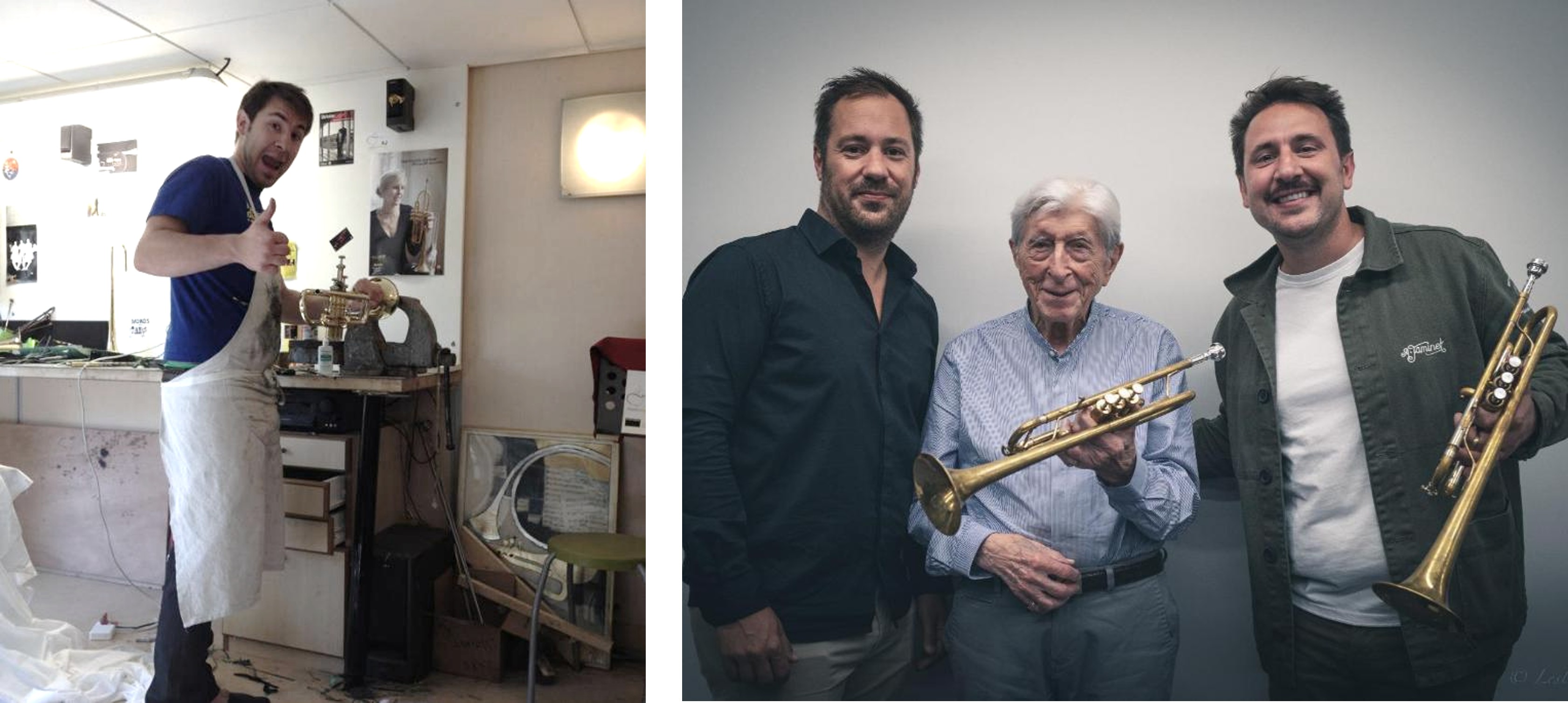 写真左：地下室のアトリエ時代のアドリアン・ジャミネ氏 写真右：左から、ピエールで・デゾレ氏（ボルドー国立管弦楽団 首席奏者）、ロジェ・デルモット氏、アドリアン・ジャミネ氏